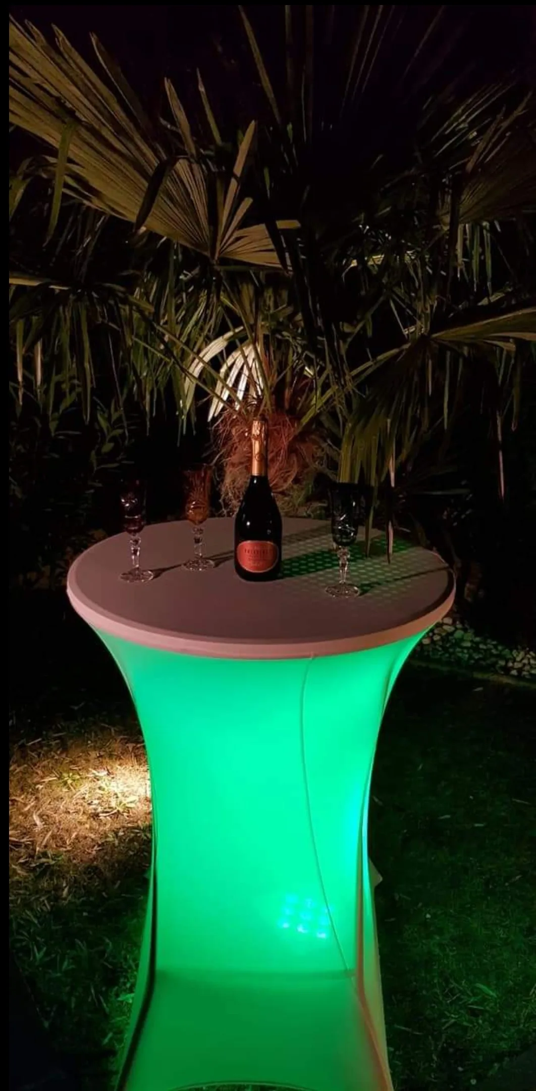 Mange-debout lumineux éclairé en vert, avec une bouteille de champagne et trois flûtes, devant un palmier